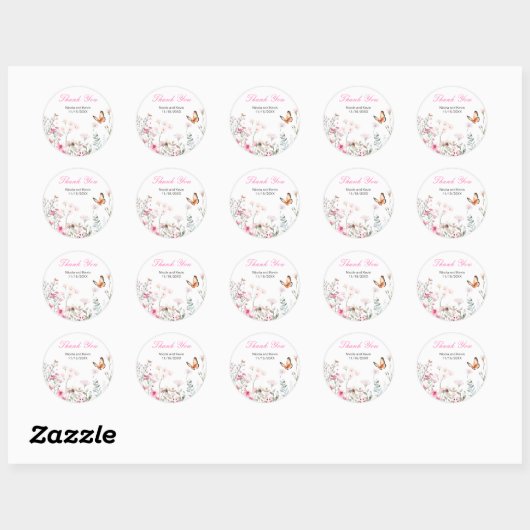 Spring Deep Pink, Butterfly Floral Wedding Ronde Sticker (Vel)