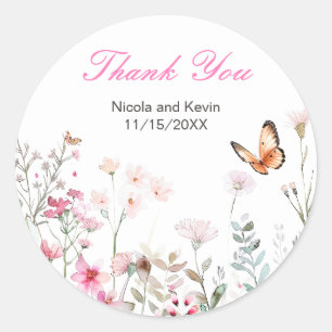Spring Deep Pink, Butterfly Floral Wedding Ronde Sticker