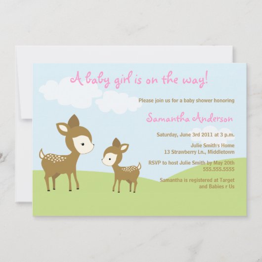 Spring Deer and Fawn Baby shower Invite - Girl Kaart (Voorkant)