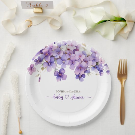 Spring Delicate Violet Flowers Baby shower Papieren Bordje (Huwelijk)