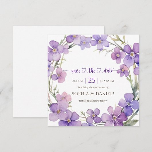 Spring Delicate Violet Flowers Baby shower Save The Date (Voorkant / Achterkant)