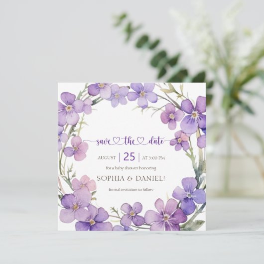 Spring Delicate Violet Flowers Baby shower Save The Date (Staand voorkant)
