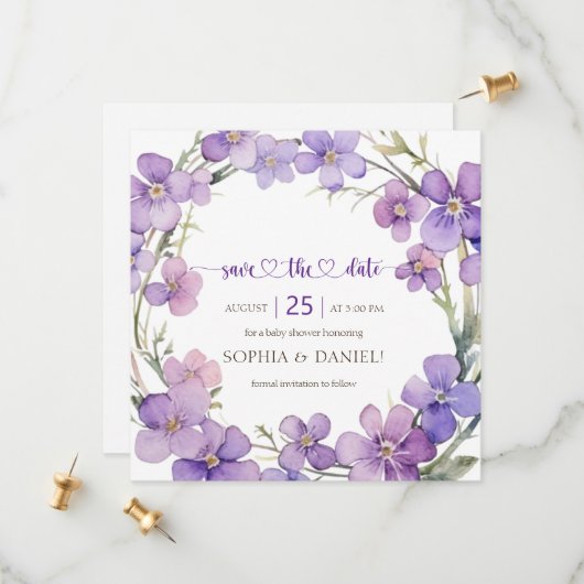 Spring Delicate Violet Flowers Baby shower Save The Date (Voorkant / Achterkant in situ)