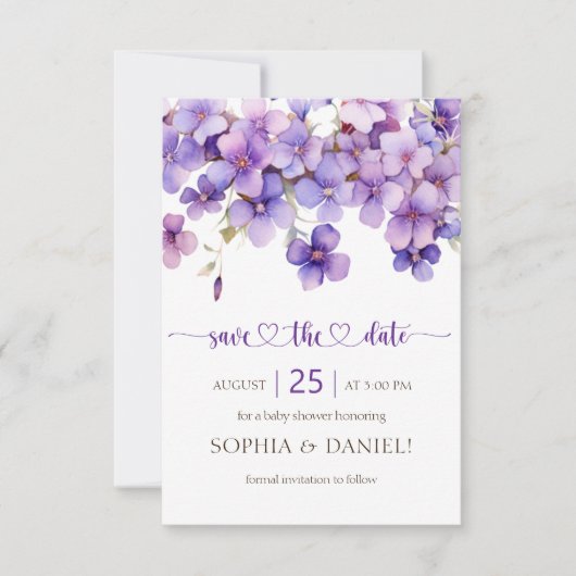 Spring Delicate Violet Flowers Baby shower Save The Date (Voorkant)