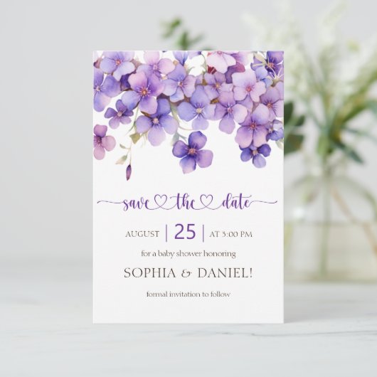 Spring Delicate Violet Flowers Baby shower Save The Date (Staand voorkant)
