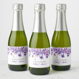 Spring Delicate Violet Flowers Baby shower Sparkling Wijnetiket