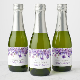 Spring Delicate Violet Flowers Baby shower Sparkling Wijnetiket