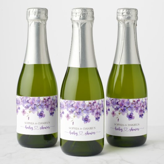 Spring Delicate Violet Flowers Baby shower Sparkling Wijnetiket (Flessen)