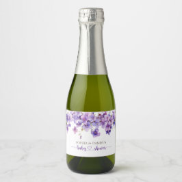 Spring Delicate Violet Flowers Baby shower Sparkling Wijnetiket