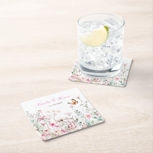 Spring diep roze vlinder bloemenbruiloft kartonnen onderzetters (Insitu)