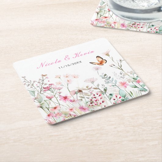 Spring diep roze vlinder bloemenbruiloft kartonnen onderzetters (Schuin)