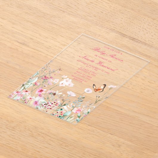 Spring Dieproze Bloemen Baby shower Acryl Uitnodigingen (Laagn)