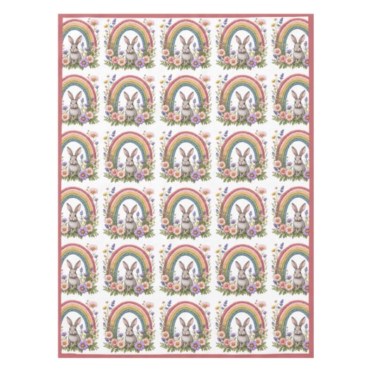 Spring Easter Bunny Rainbow Art Wildflowers Meadow Tafelkleed (Voorkant)