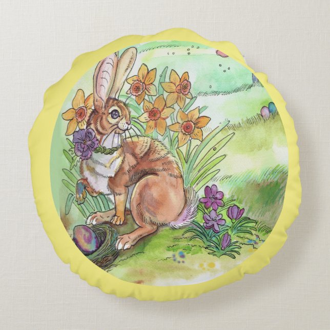 Spring Easter Bunny Rond Kussen (Achterkant)
