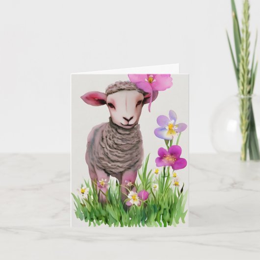 Spring Easter Lamb en Flowers Waterverf Kaart (Voorkant)