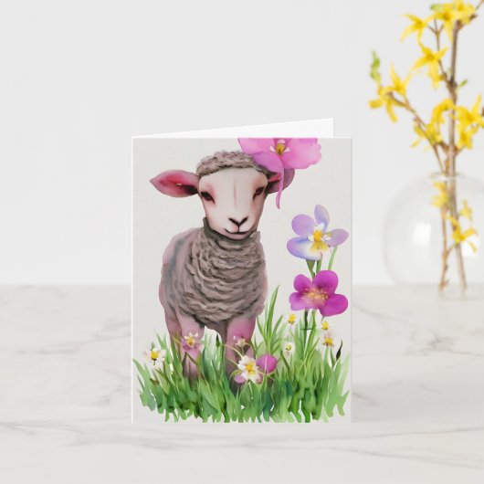 Spring Easter Lamb en Flowers Waterverf Kaart (Gele Bloem)