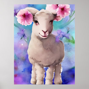 Spring Easter Lamb Floral Waterverf Poster