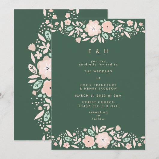 Spring Emerald Green Boho Small Florals Wedding Kaart (Voorkant / Achterkant)
