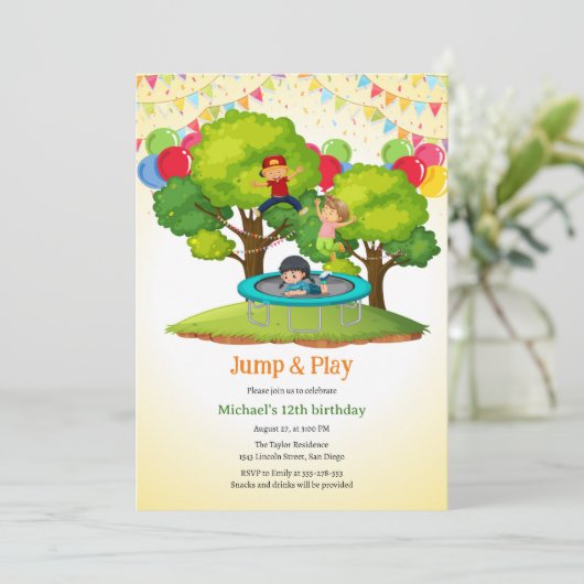 Spring en speel Kinder trampoline verjaardagsfeest Kaart (Staand voorkant)
