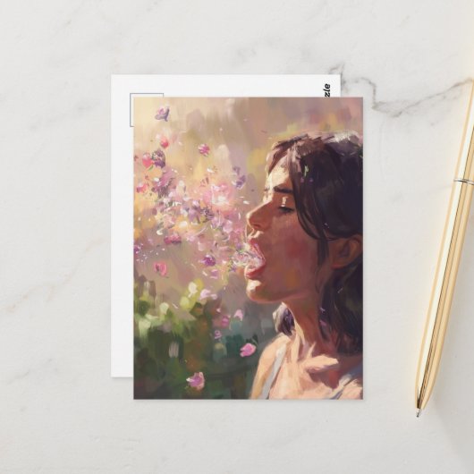 Spring Fever Woman surrealistisch Briefkaart (Voorkant / Achterkant in situ)