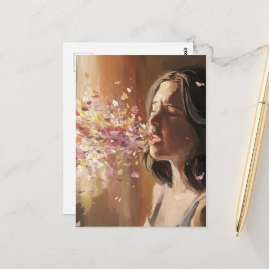 Spring Fever Woman surrealistisch Briefkaart (Voorkant / Achterkant in situ)