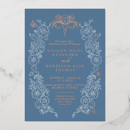 Spring Fleur de lis bruiloft grijs blauw Folie Uitnodiging (Voorkant)
