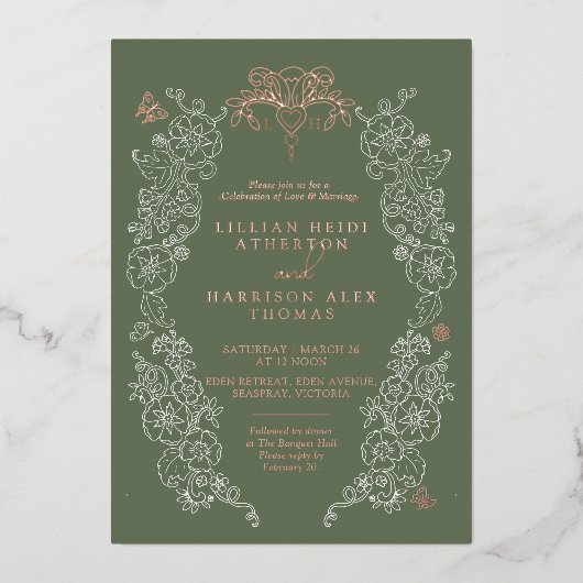 Spring Fleur de lis bruiloft salie groen Folie Uitnodiging (Voorkant)