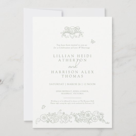 Spring Fleur de lis bruiloft salie groen wit kunst Kaart (Voorkant)