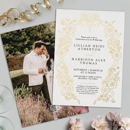 Spring Fleur de lis bruiloft zwarte witte kunst Folie Uitnodiging