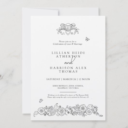 Spring Fleur de lis bruiloft zwarte witte kunst Kaart (Voorkant)