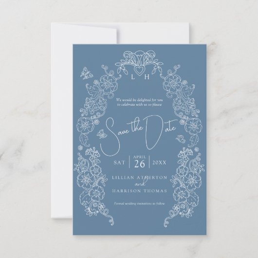 Spring Fleur de lis kunst blauw wit foto bruiloft Save The Date (Voorkant)