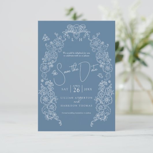 Spring Fleur de lis kunst blauw wit foto bruiloft Save The Date (Staand voorkant)