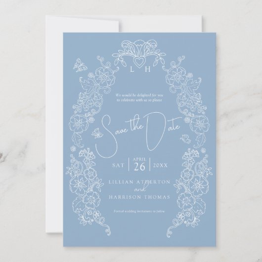 Spring Fleur de lis kunst blauw wit foto bruiloft Save The Date (Voorkant)