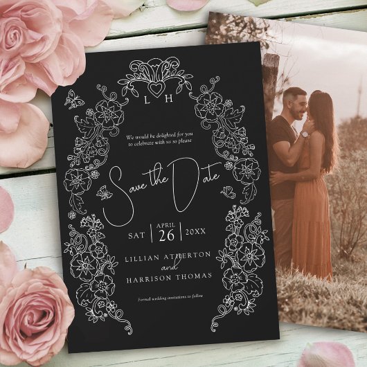 Spring Fleur de lis kunst zwart wit foto bruiloft Save The Date