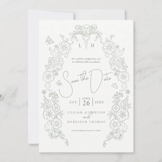 Spring Fleur de Lisage groene grens kunst Save The Date (Voorkant)