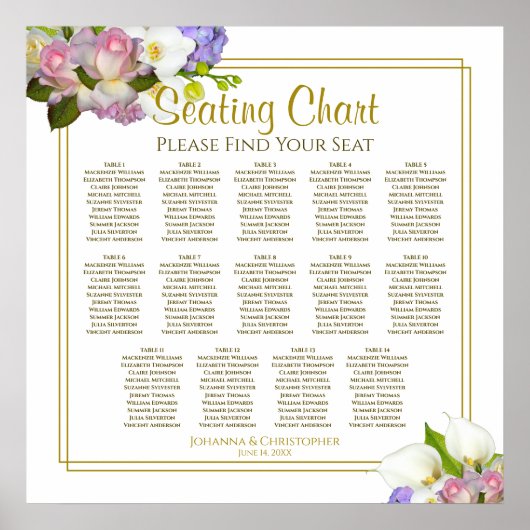 Spring Floral 14 Table Gold Wedding Seating Chart Poster (Voorkant)