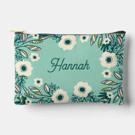 Spring Floral Accessory Pouch – White & Teal Etui