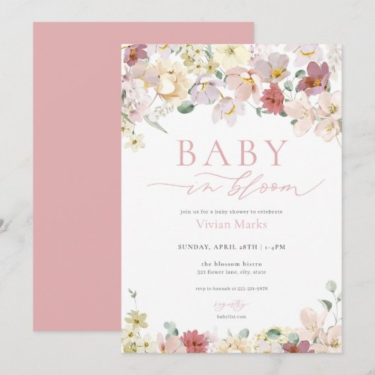 Spring Floral Baby in Bloom Baby shower Uitnodigin Kaart (Voorkant / Achterkant)