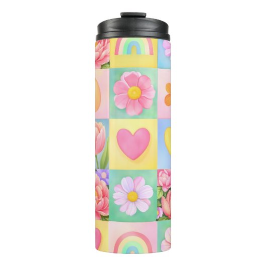 Spring Floral Blossoms Heart Checkerboard Pattern Thermosbeker (Voorkant)