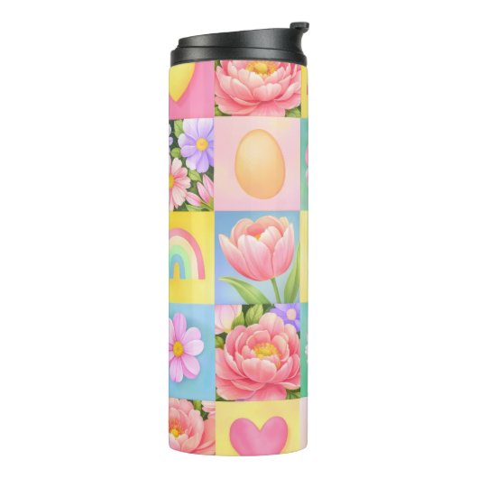 Spring Floral Blossoms Heart Checkerboard Pattern Thermosbeker (Gedraaid links)