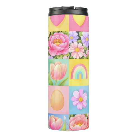 Spring Floral Blossoms Heart Checkerboard Pattern Thermosbeker (Achterkant)