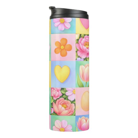 Spring Floral Blossoms Heart Checkerboard Pattern Thermosbeker (Geroteerd rechts)