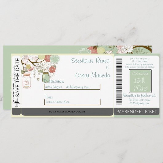 Spring Floral Boarding Pass Wedding Invitation Save The Date (Voorkant / Achterkant)