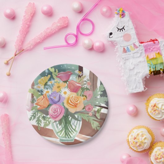 Spring Floral Bouquet | Bloemenvaas Waterverf Papieren Bordje (Feest)