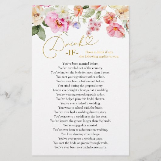 Spring Floral Bridal Shower Drink If Game Cards (Voorkant)