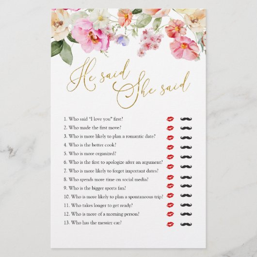 Spring Floral Bridal Shower He Said She Said Game (Voorkant)