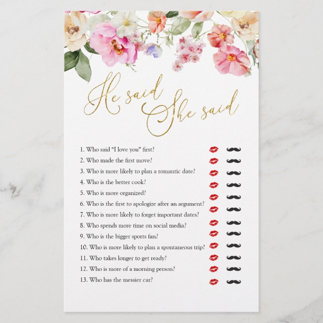 Spring Floral Bridal Shower He Said She Said Game (Voorkant)