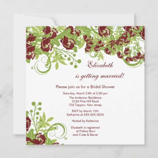 Spring Floral Bridal Shower Invitation Bourgundy Kaart (Voorkant)