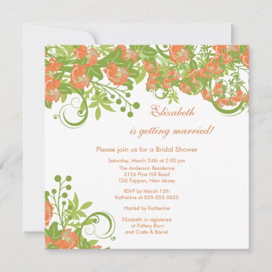 Spring Floral Bridal Shower Invitation Coral Roos Kaart (Voorkant)