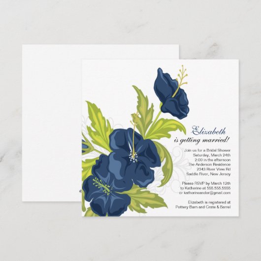 Spring Floral Bridal Shower Invitation Navy Blue Kaart (Voorkant / Achterkant)